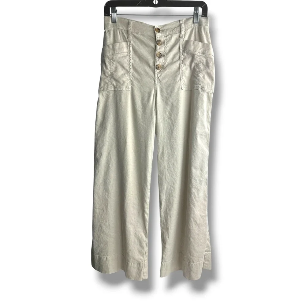 Evereve Wide Leg Pants Women 28 Beige Linen Lyocell Blend Button Fly High Rise